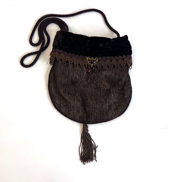 Lisa Violetto VTG Brown Velvet Drawstring Evening Cocktail Bag Regency Victorian - Picture 9 of 9